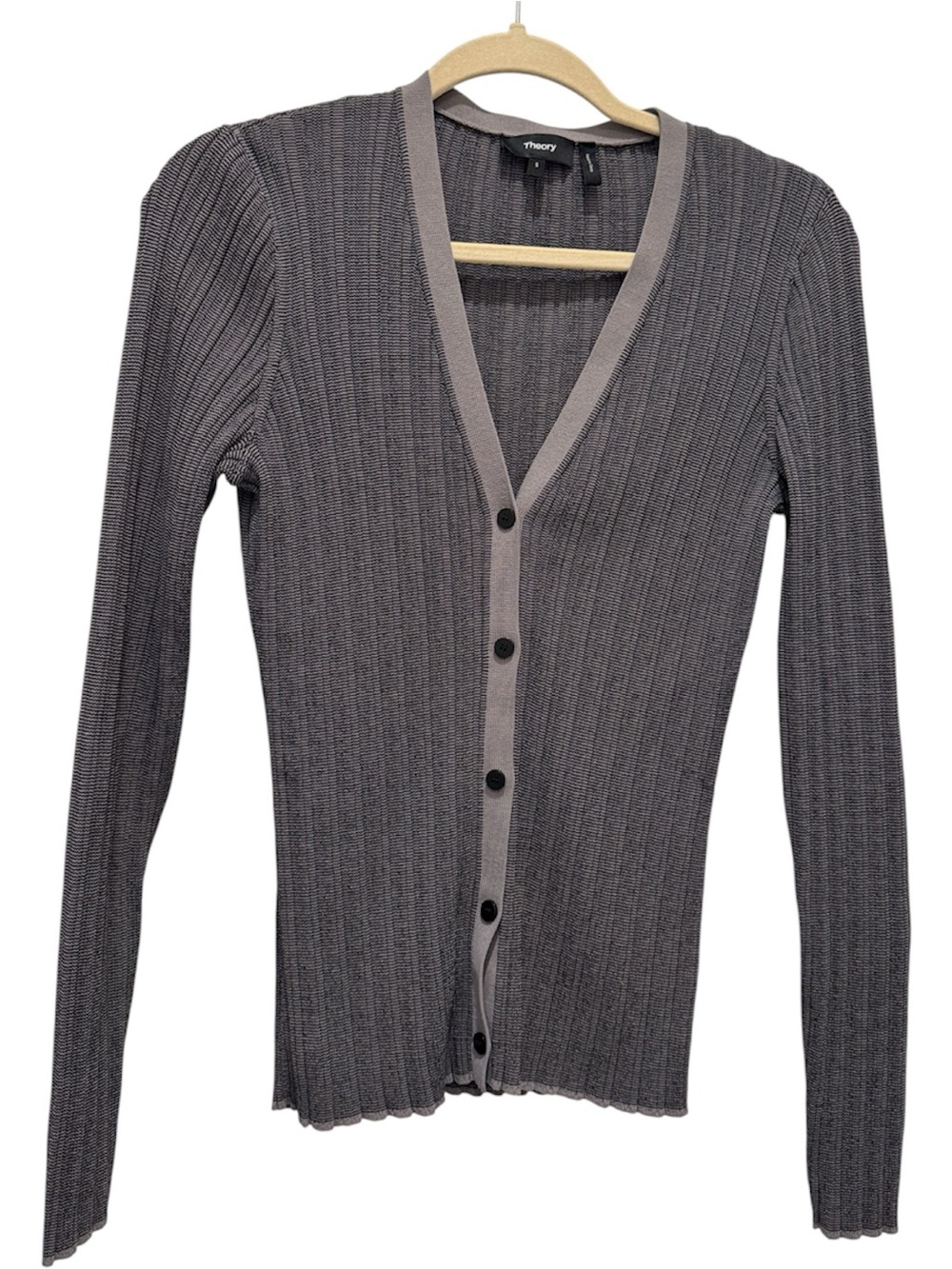 Theory Charcoal Ribbed V-Neck Button Cardigan with Light Trim Size Small